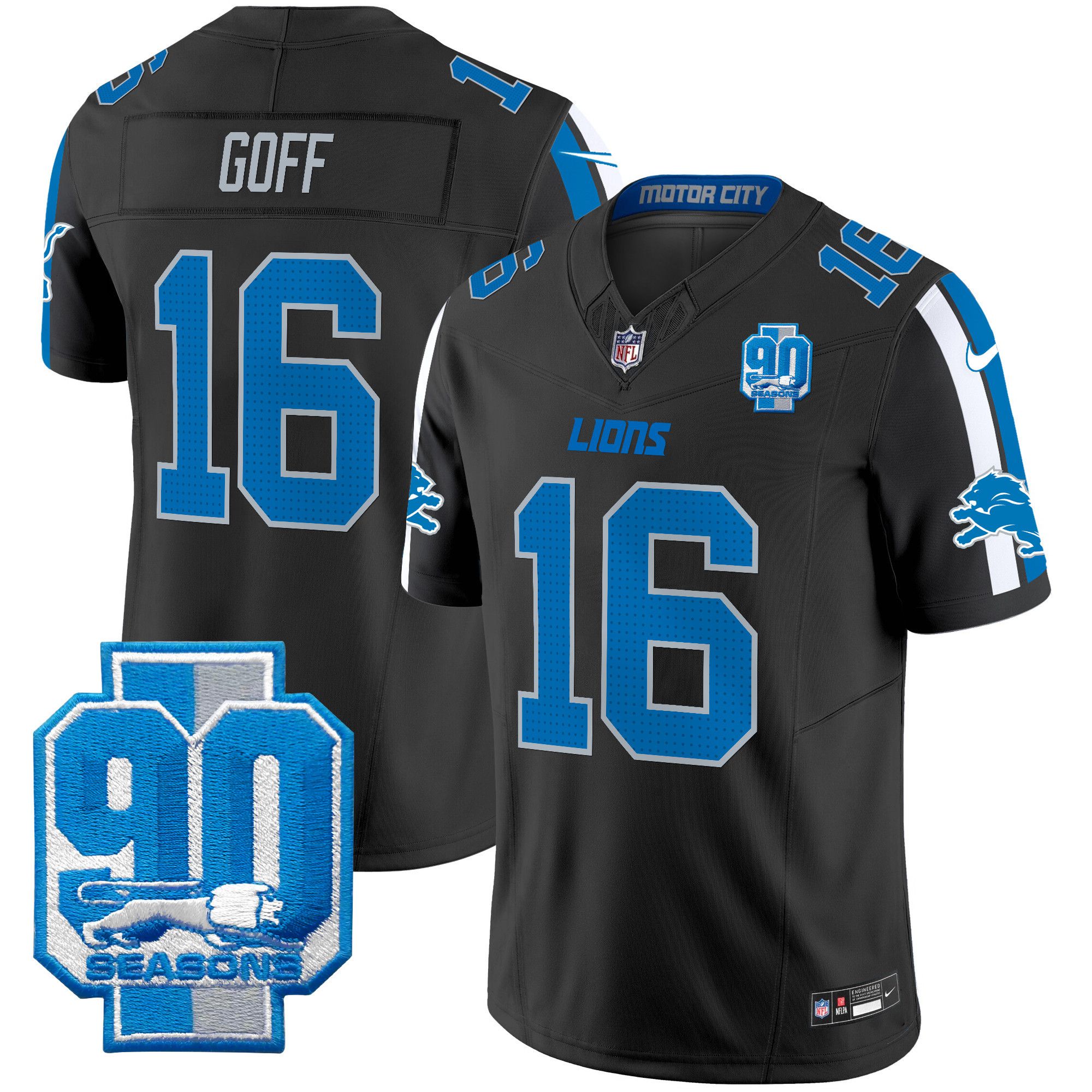Men Detroit Lions #16 Goff Black 2024 Nike 90th Year Patch Vapor Limited NFL Jersey